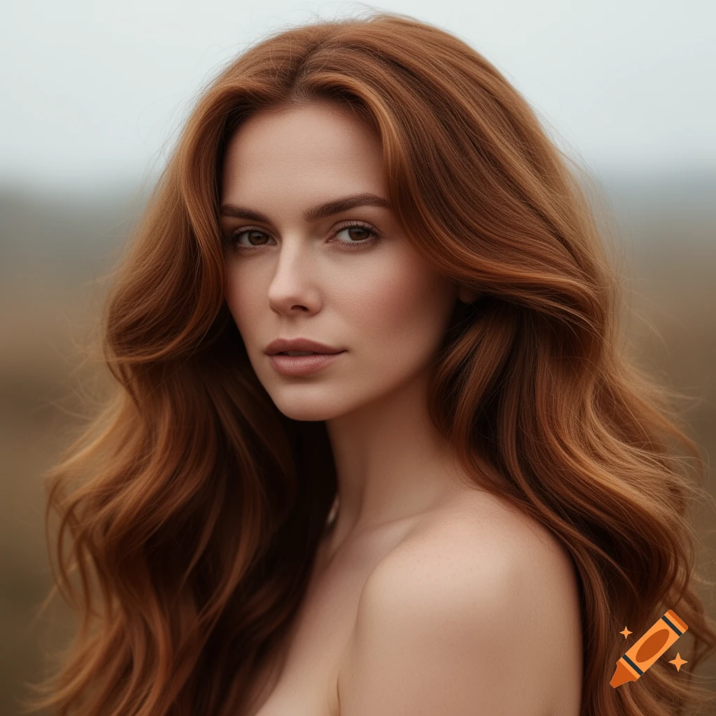 A photorealistic portrait of a woman with long wavy red hair and bare shoulders looking directly at the viewer.