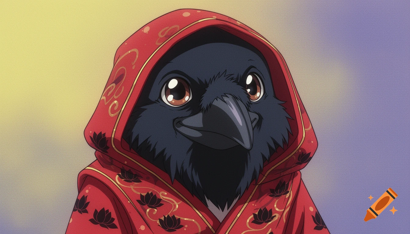 A friendly-looking crow in a red hooded robe with golden patterns, rendered in a 90s anime style.