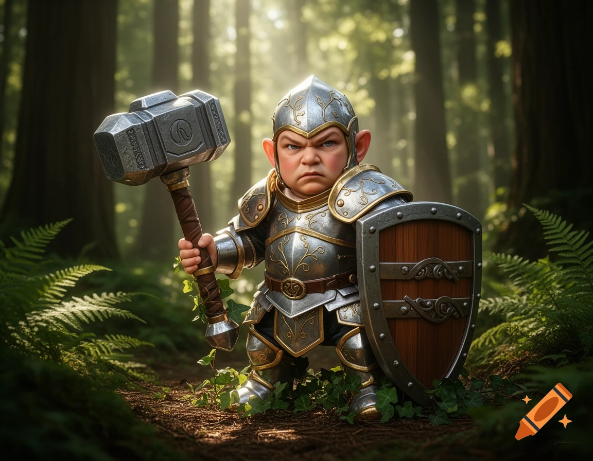 A determined gnome warrior in silver and gold armor stands in a lush, sun-dappled forest, wielding a large warhammer and a wooden shield.