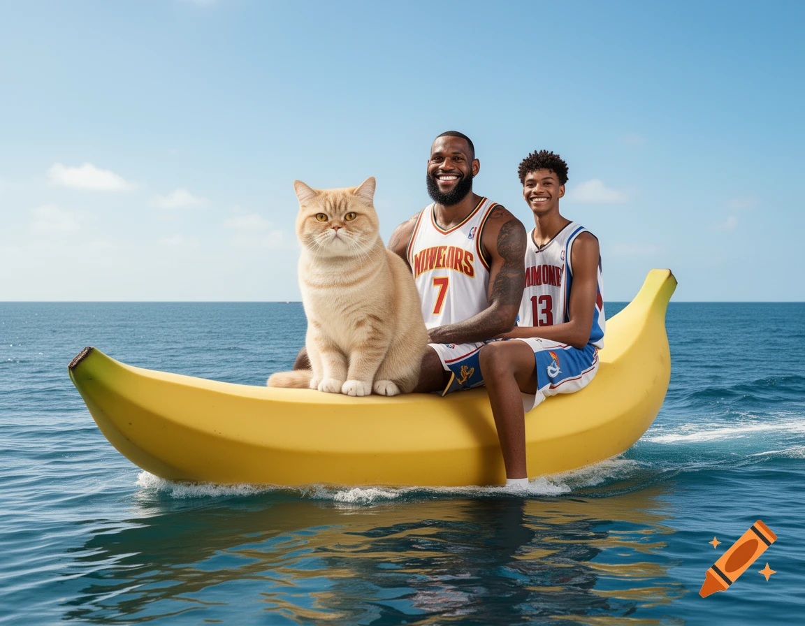 LeBron James, Victor Wembanyama, and a fluffy cat ride a yellow banana boat on the ocean under a clear sky.