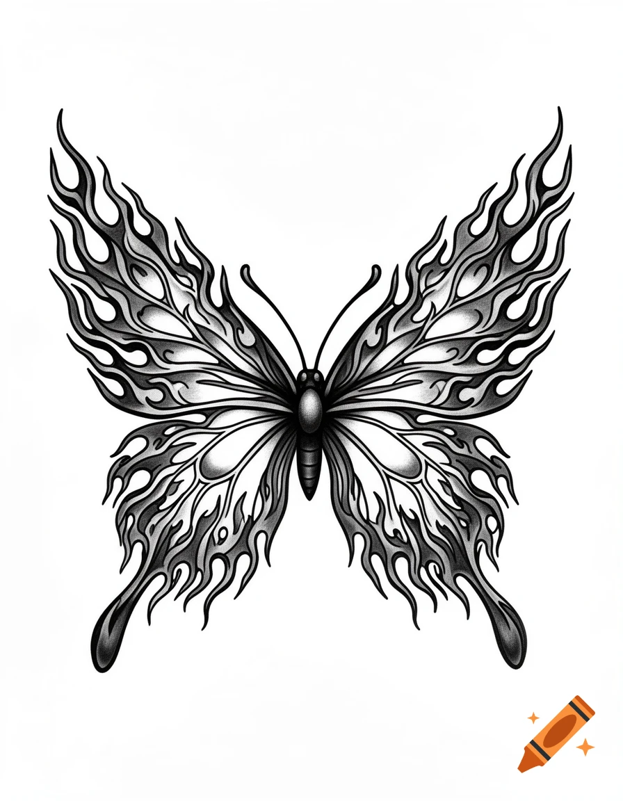 A stylized black and white tattoo design of a butterfly with flame-like wings.