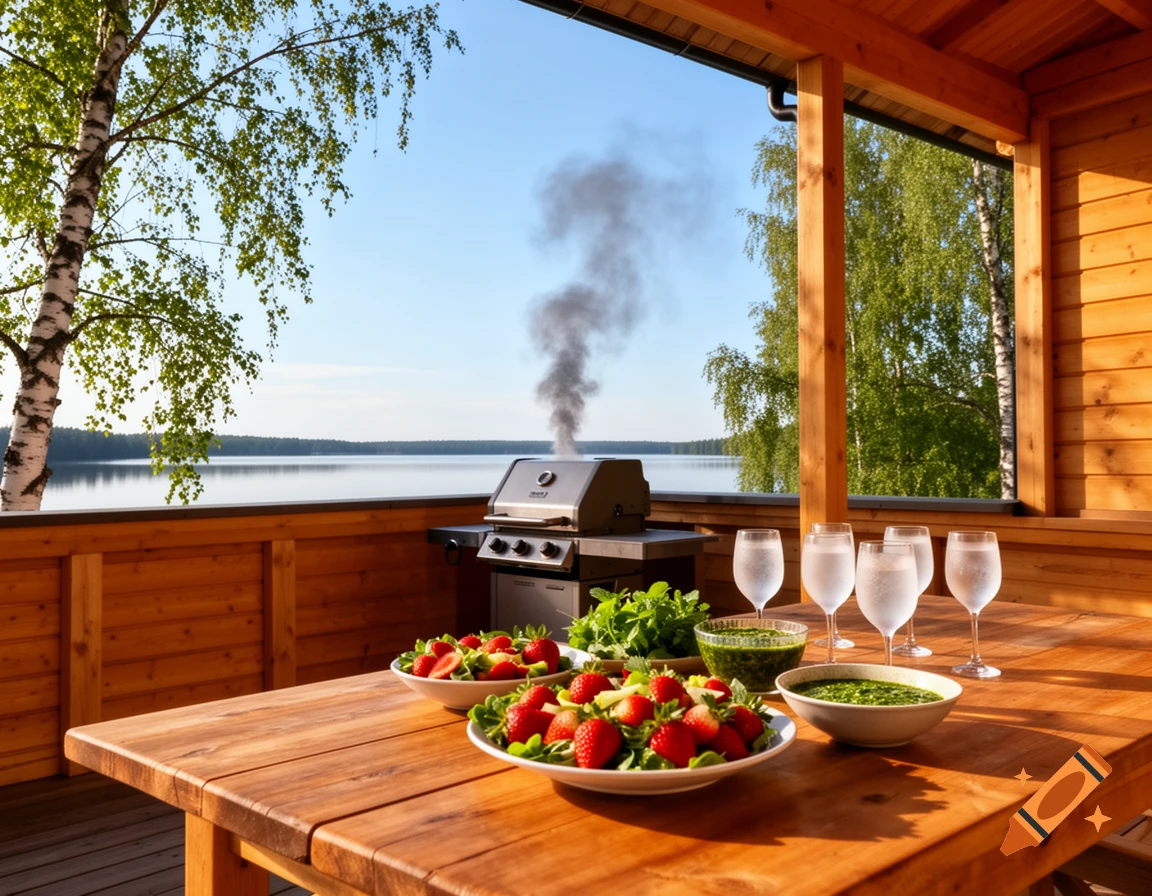 A wooden cottage terrace with a lake view, a smoking grill, a table set with strawberry salad, chimichurri, and water glasses.