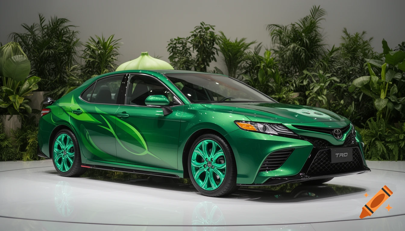 A vibrant green Toyota Camry TRD, inspired by Bulbasaur, with leaf decals and matching green rims, on display against lush greenery.