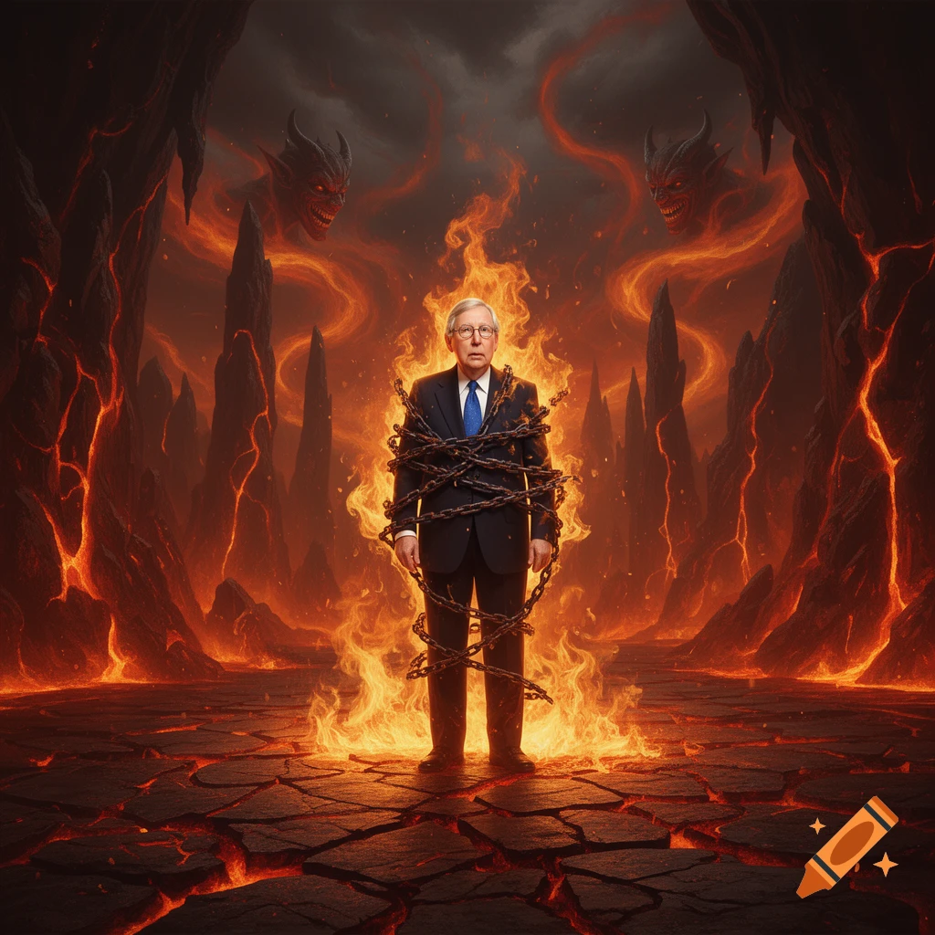 Mitch McConnell, bound by chains, stands engulfed in flames in a hellish landscape with demons.