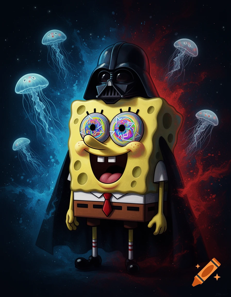 SpongeBob SquarePants wearing a Darth Vader helmet and cape, with psychedelic swirl eyes, floats in a cosmic background with jellyfish.