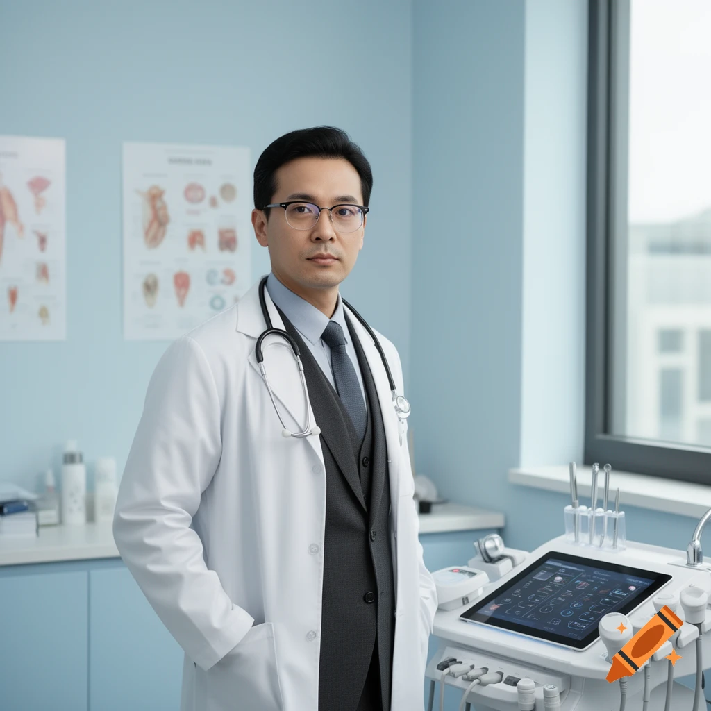 A male doctor in a white lab coat and glasses stands in a light blue medical office with anatomical charts and modern equipment.