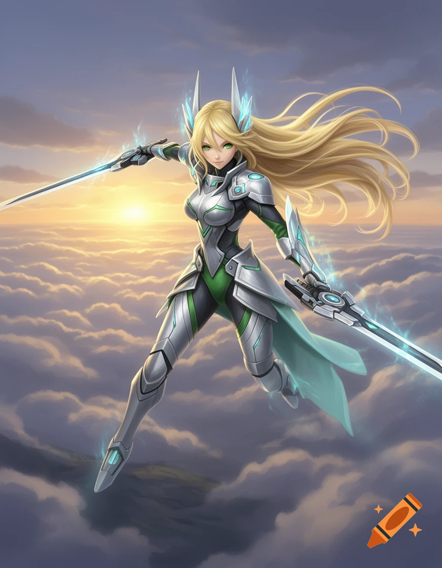 Anime female warrior in futuristic armor, Mythra, holds two glowing swords mid-air above clouds at sunset.