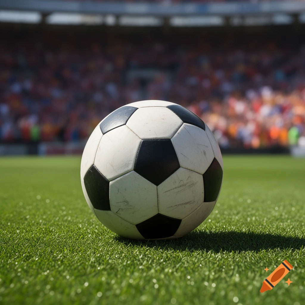 A close-up, ground-level view of a white and black soccer ball on green grass in a stadium with blurred crowds.