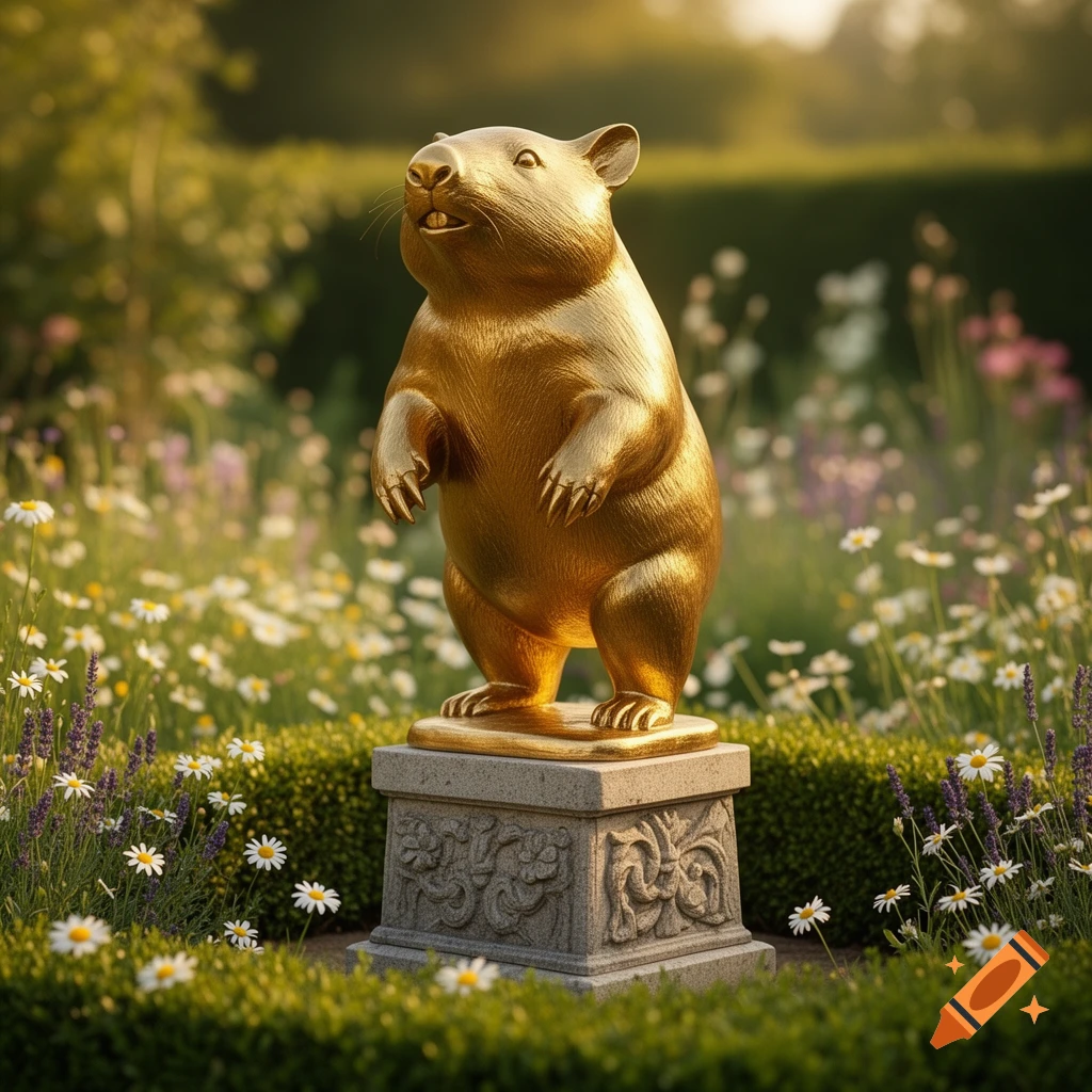 A photorealistic golden statue of a wombat in a heroic pose stands on a stone pedestal in a sunny garden with flowers.