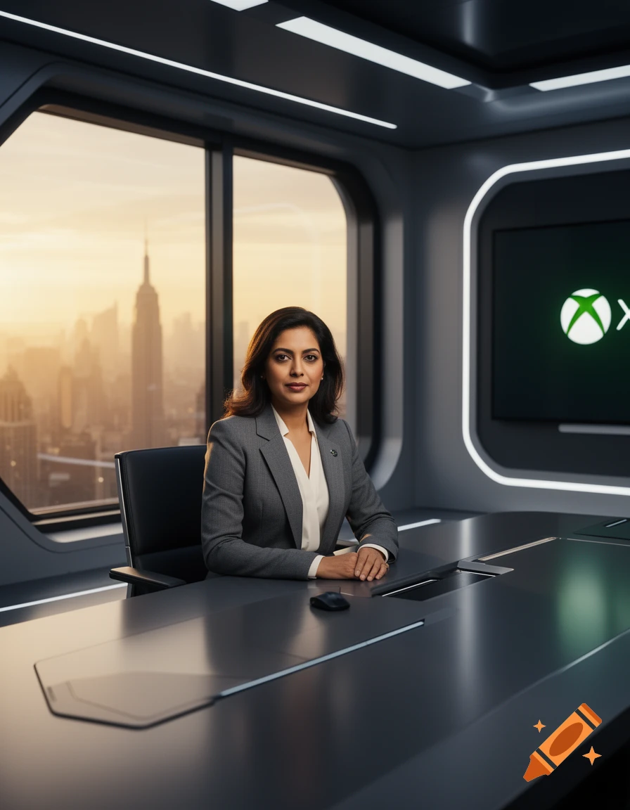 A woman in a gray suit sits at a modern desk in a high-rise office, with a cityscape at sunset outside and an Xbox logo on a screen.