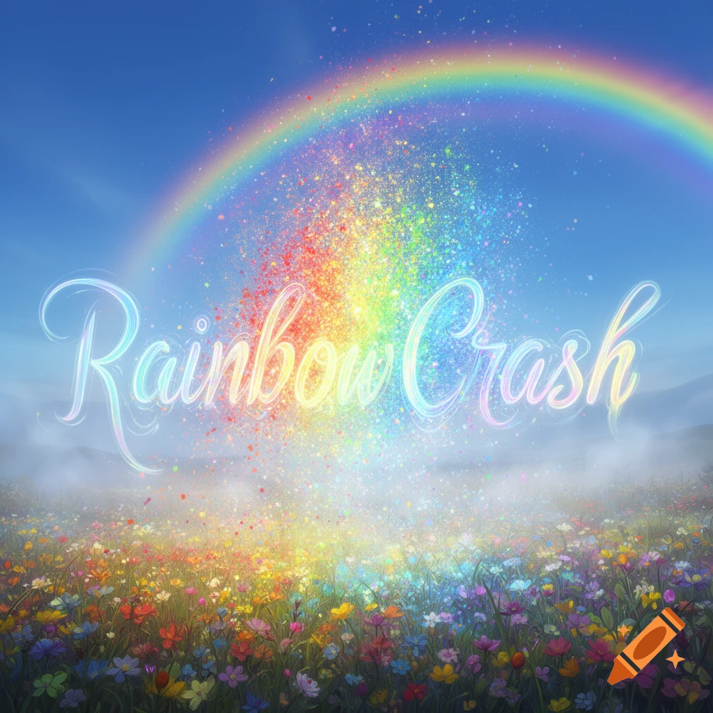A vibrant rainbow explodes with sparkling colors over a field of wildflowers, with the text 'Rainbow Crash' in glowing script.