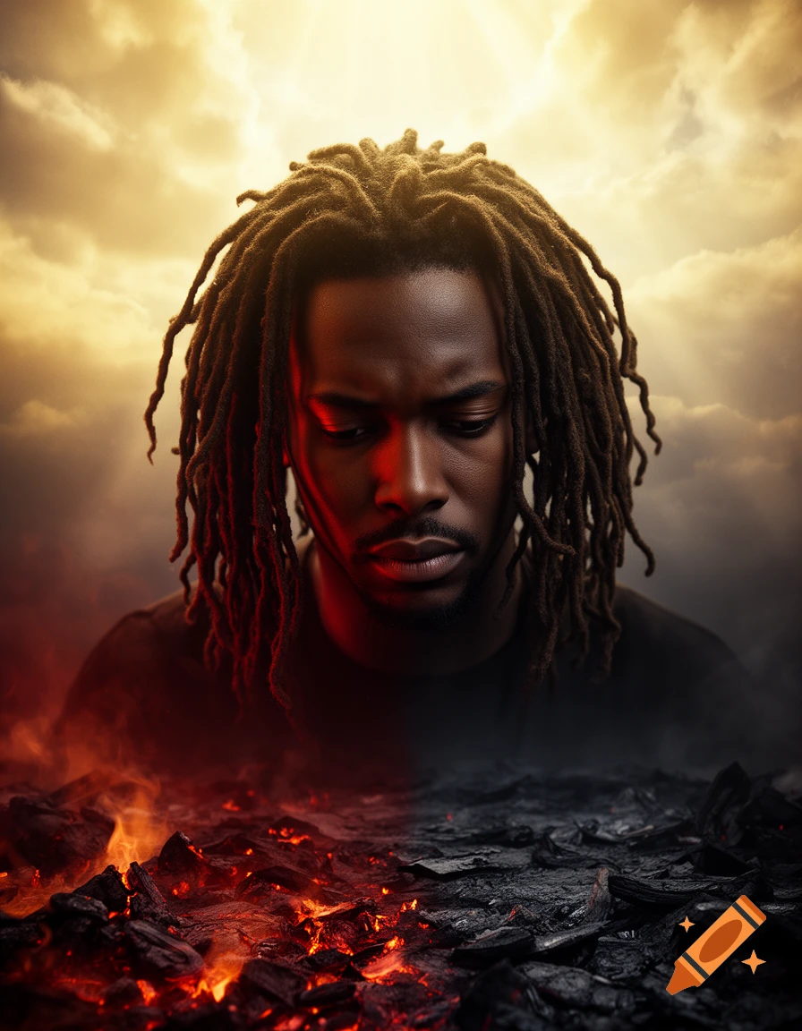 A man with dreadlocks looks down thoughtfully, with a golden sky above and a fiery landscape blending into ash below.