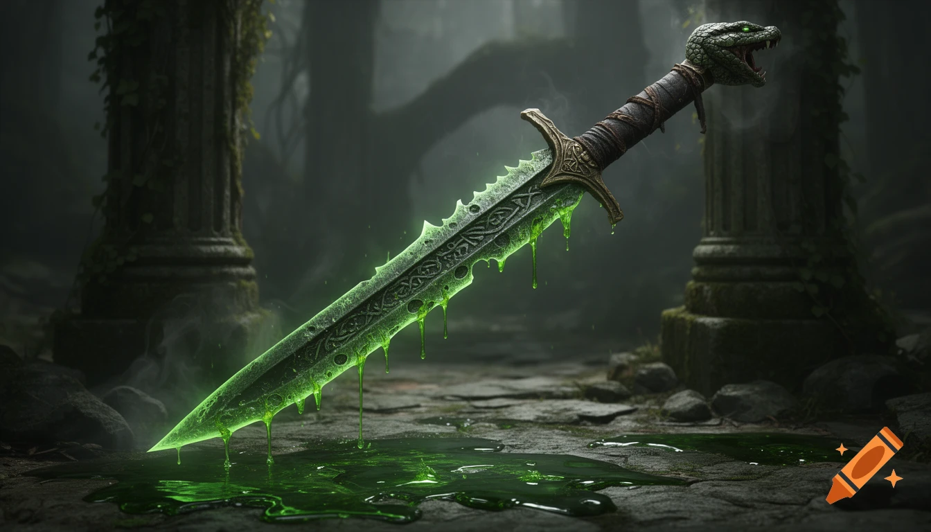 A glowing green acid-corroding fantasy sword, with a snake-head hilt, drips toxic liquid onto stone ground in ancient ruins.