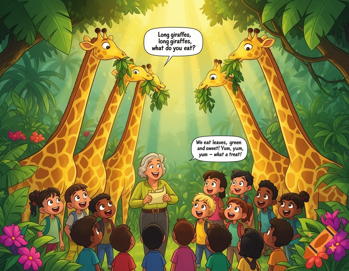 A cartoon teacher and diverse group of children looking up at several giraffes eating leaves in a lush jungle setting. Speech bubbles show questions and answers about what giraffes eat.