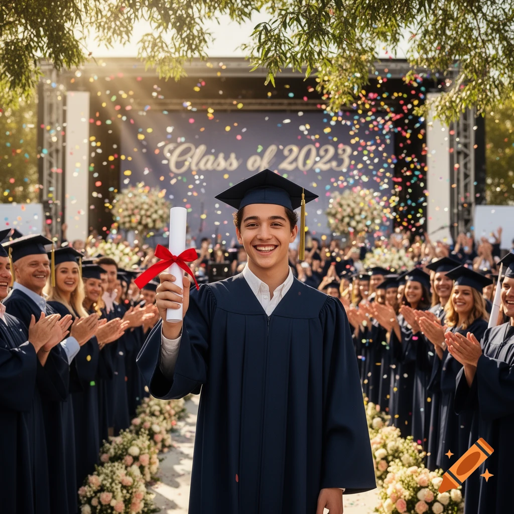 A smiling male graduate in a cap and gown holds a diploma at an outdoor graduation ceremony with confetti falling and people clapping.