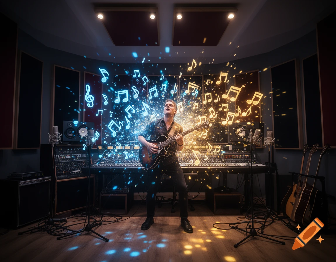 A musician plays an electric guitar in a dark recording studio, surrounded by glowing blue and yellow musical notes.