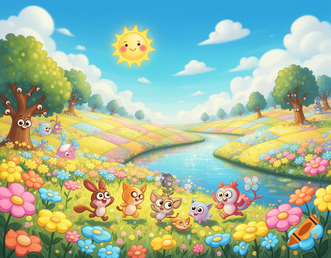 A vibrant cartoon landscape with cute animals running through a field of colorful flowers, under a smiling sun and eyed trees.
