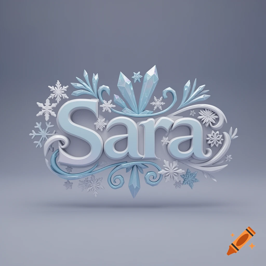 3D render of the name "Sara" in an icy blue and white style, adorned with snowflakes and crystal elements on a gray background.