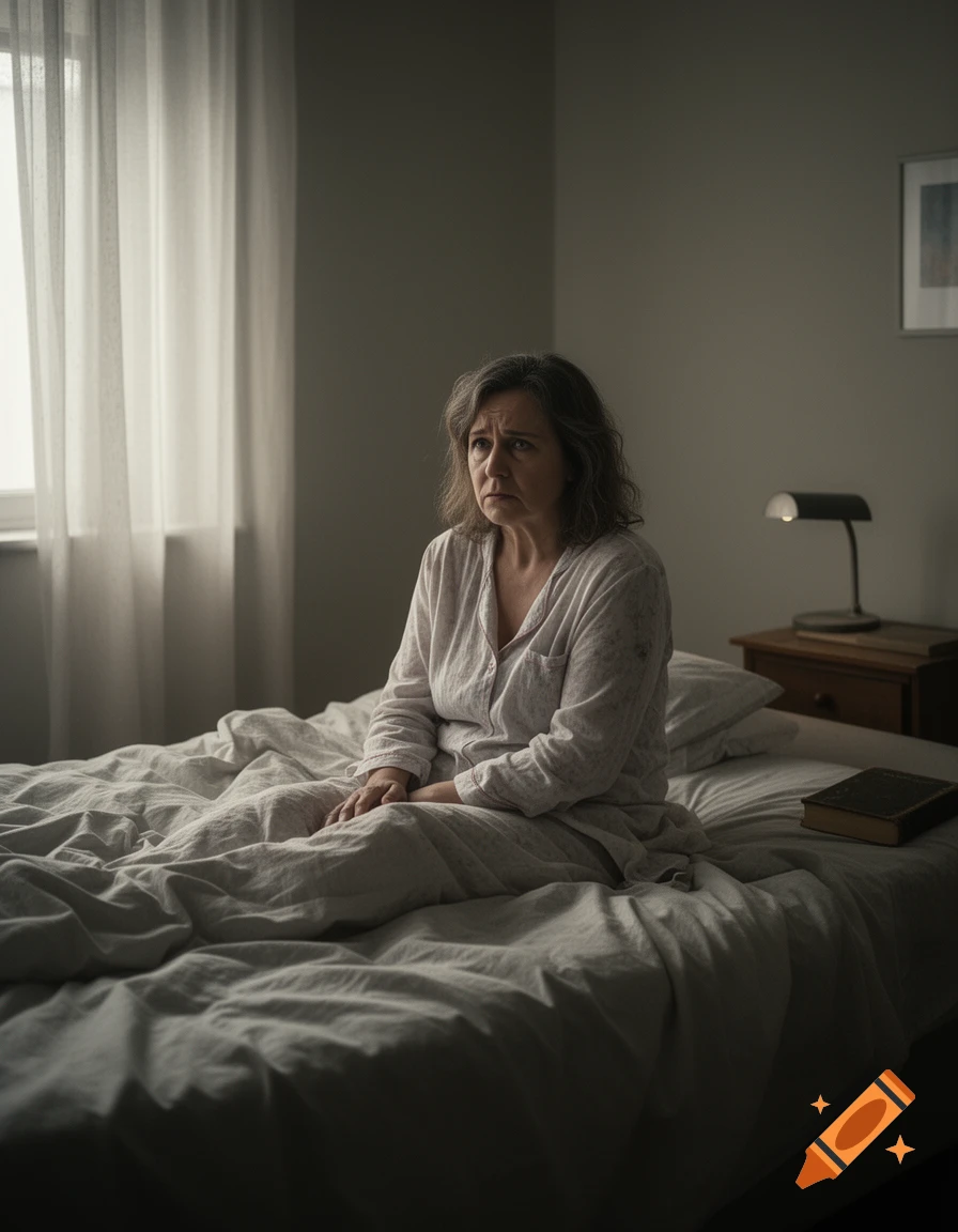 Photorealistic image of a worried middle-aged woman in pajamas sitting on a bed in a dimly lit bedroom, looking towards a window.