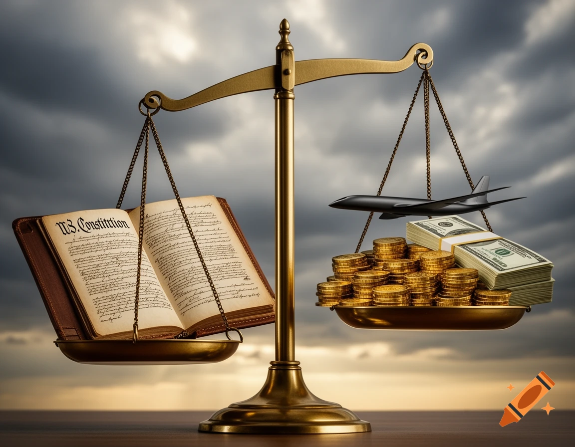 Photorealistic image of a golden balance scale with the U.S. Constitution on one side and money, gold, and a jet on the other, under a cloudy sky.