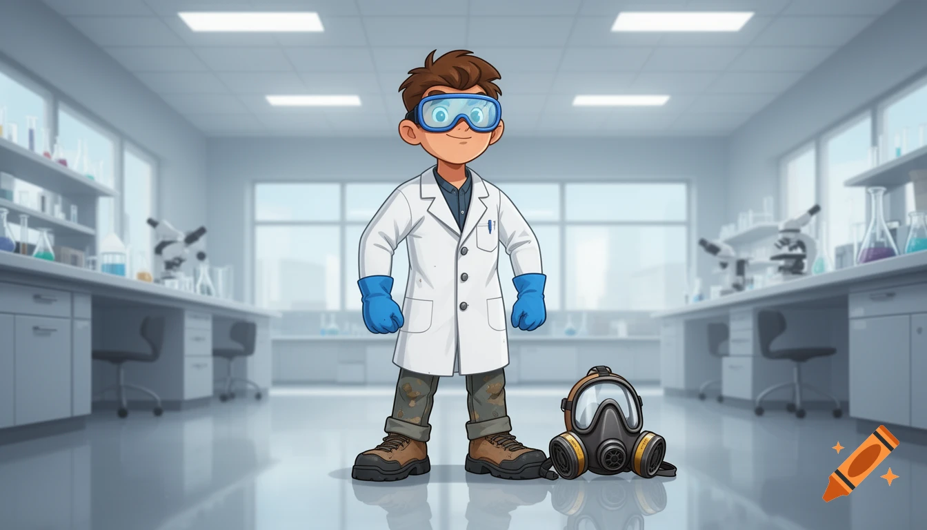 A cartoon boy scientist in a lab coat, blue gloves, and safety goggles stands in a clean laboratory, with a gas mask on the floor.
