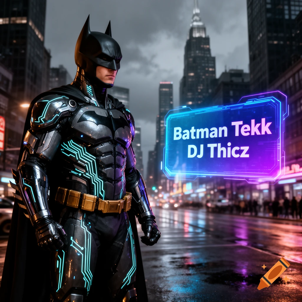 Batman in a futuristic black and blue glowing suit stands in a rainy city with a holographic sign displaying "Batman Tekk DJ Thicz".