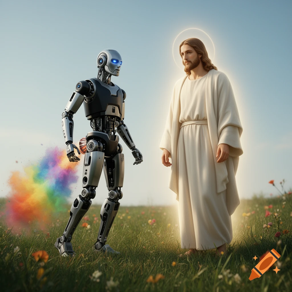 A robot with a rainbow cloud emanating from it stands next to Jesus Christ in a grassy field under a clear sky.