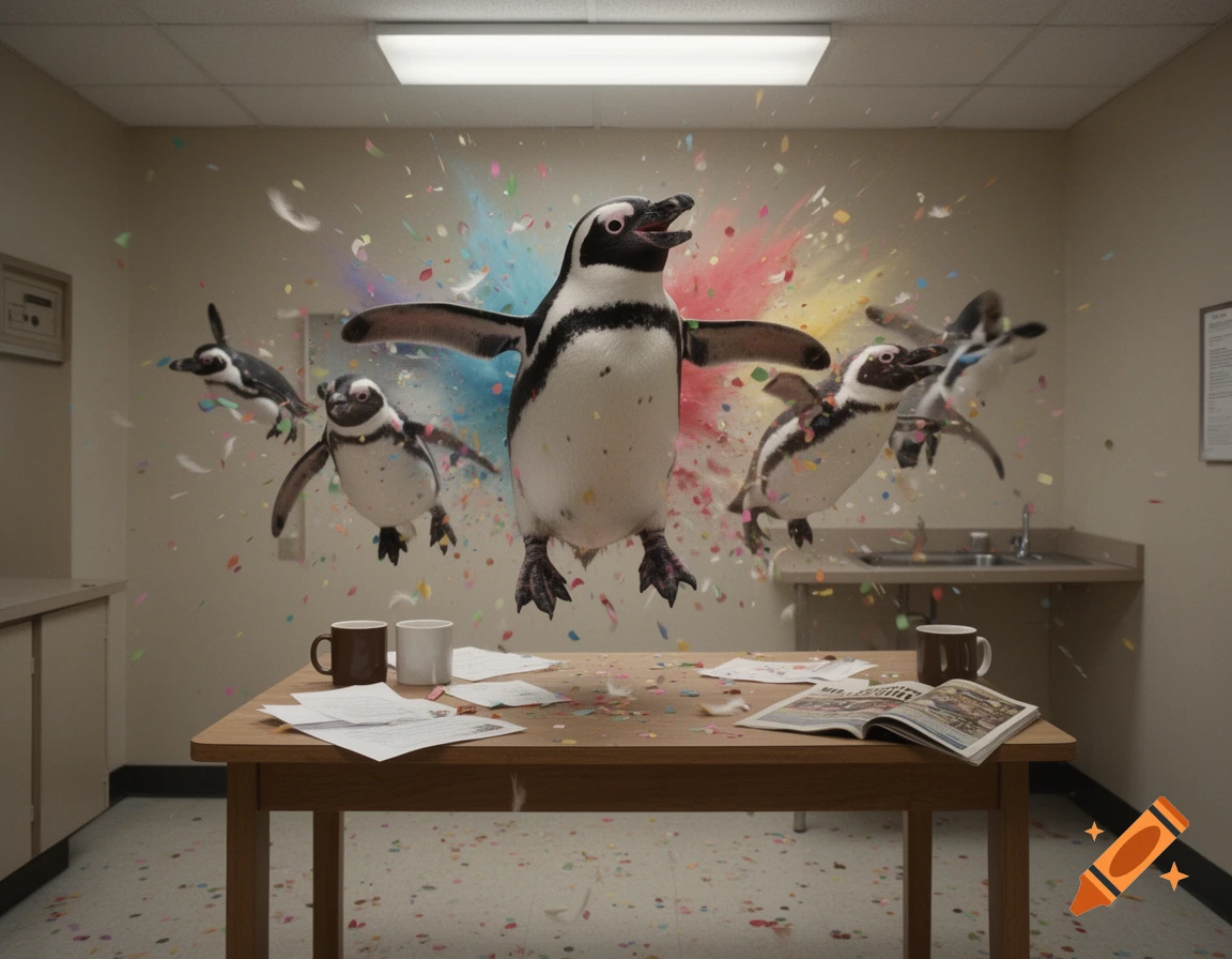 Photorealistic image of several penguins floating in a break room amidst a colorful explosion of powder and confetti.