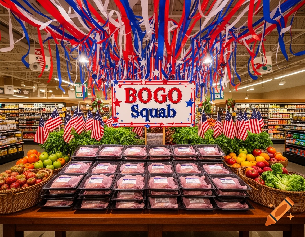 Photorealistic grocery store display for Fourth of July with 'BOGO Squab' sign, flags, streamers, packaged meat, and fresh produce.