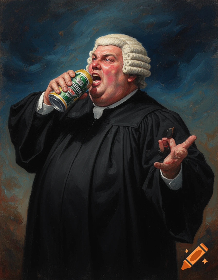 Caricature painting of a fat, angry barrister in a white wig and black robes chugging beer from a can.
