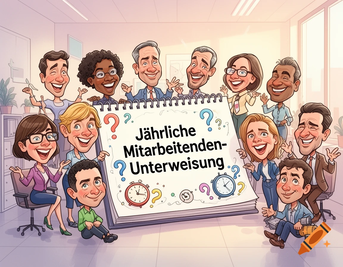 Group of smiling diverse cartoon business people in an office gathered around a large notebook with 'Annual Employee Instruction' text in caricature style.