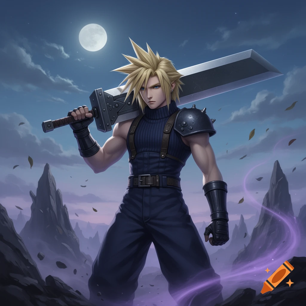 Anime style illustration of Cloud Strife standing in a rocky landscape at night, holding his large sword over his shoulder.