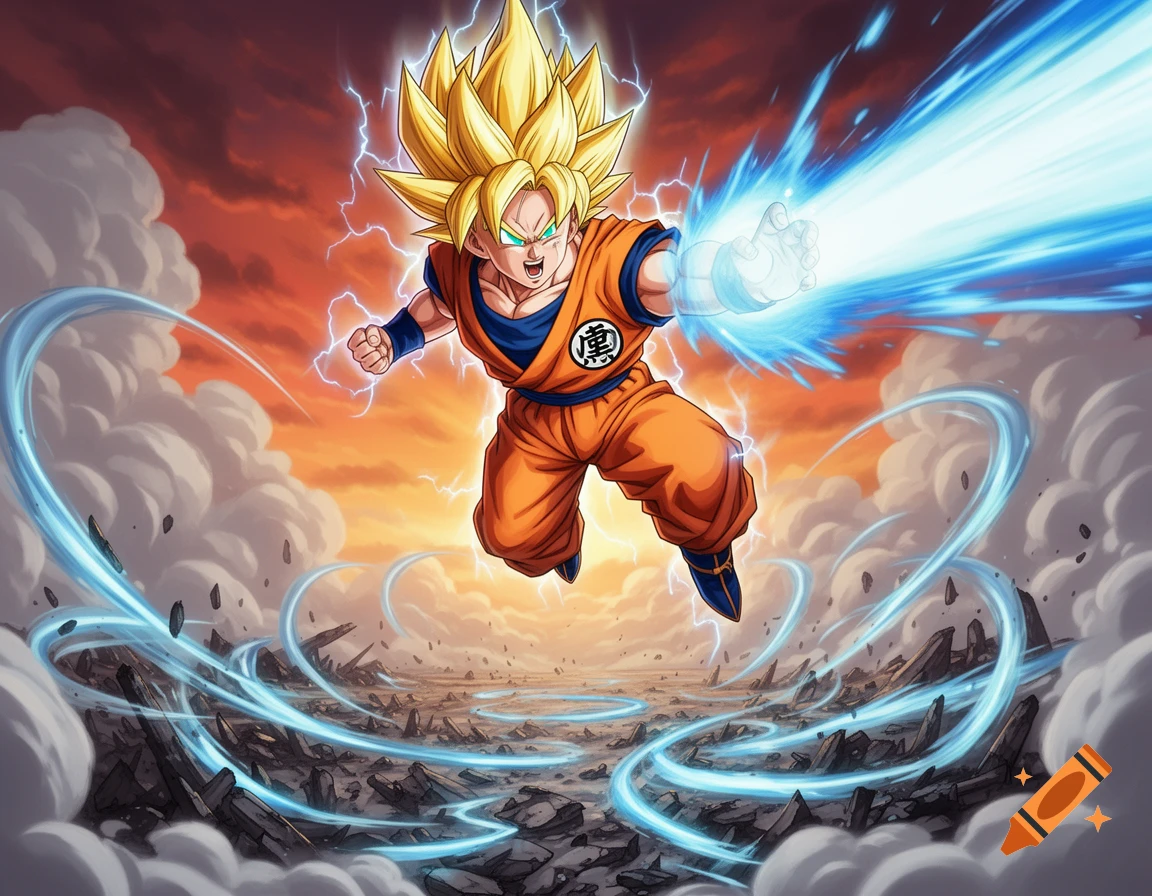 Anime illustration of Super Saiyan Goku flying and firing a blue energy blast over a ruined landscape at sunset.