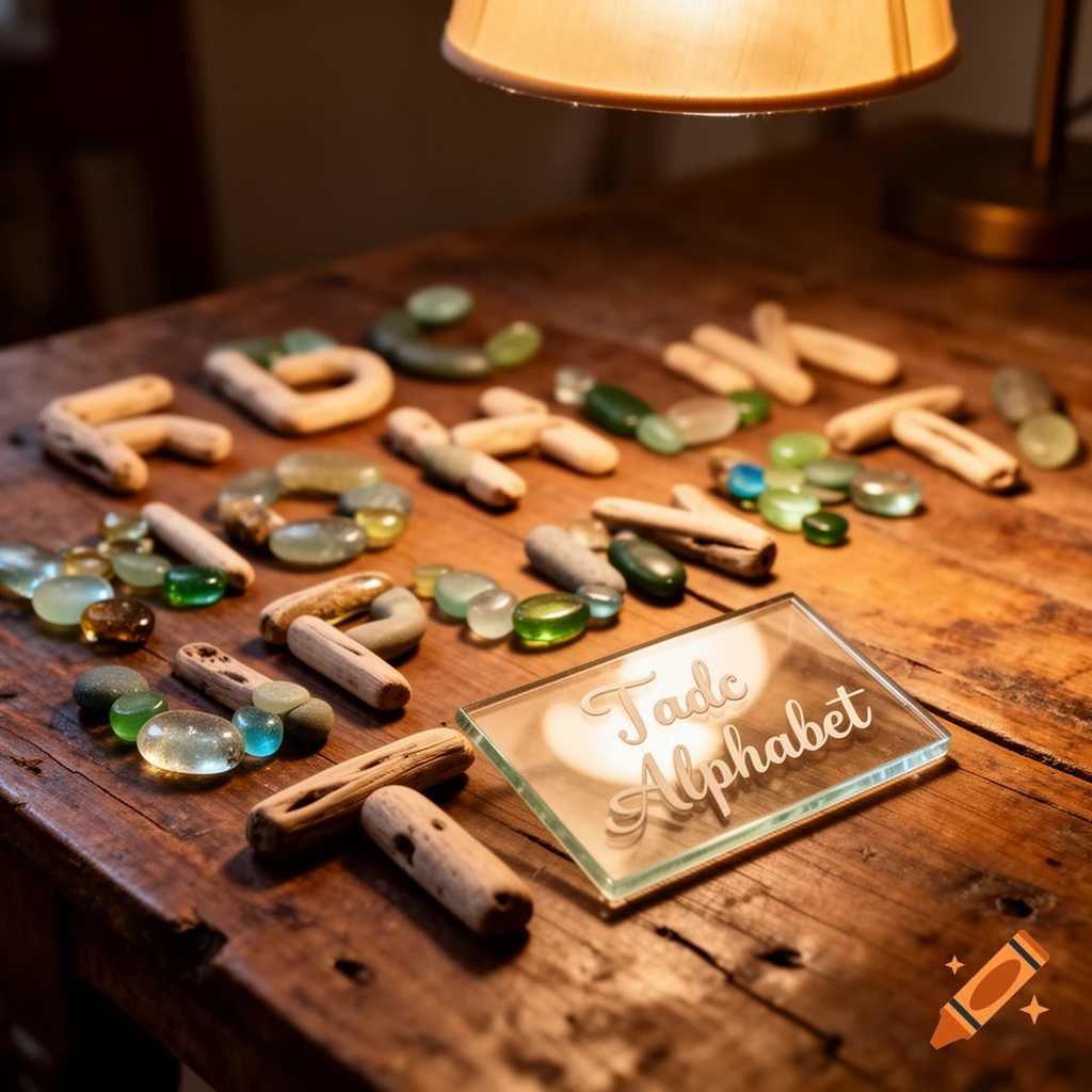 Close-up of driftwood pieces and green-blue glass pebbles forming letters on a wooden table, with a glass plate inscribed "Tadc Alphabet" under a warm lamp.