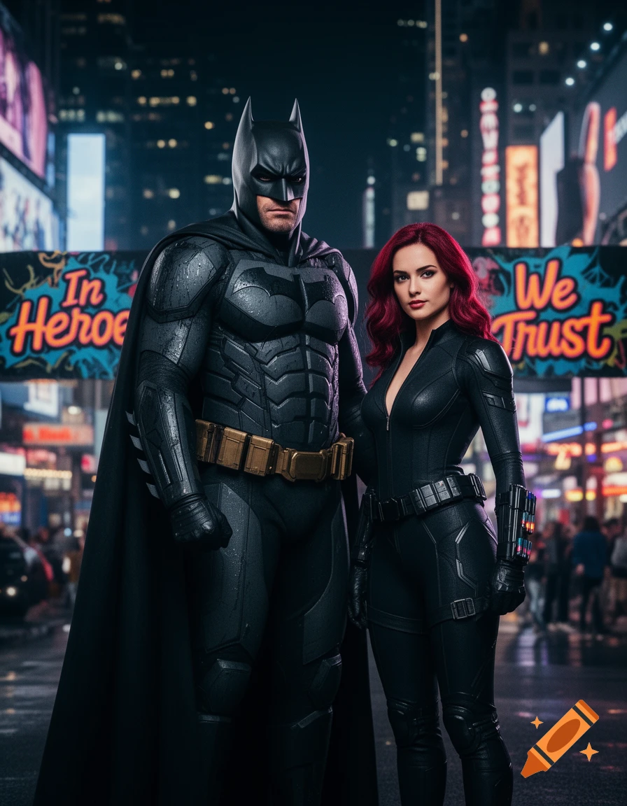 Photorealistic image of Batman and Black Widow standing in a neon-lit city street at night.