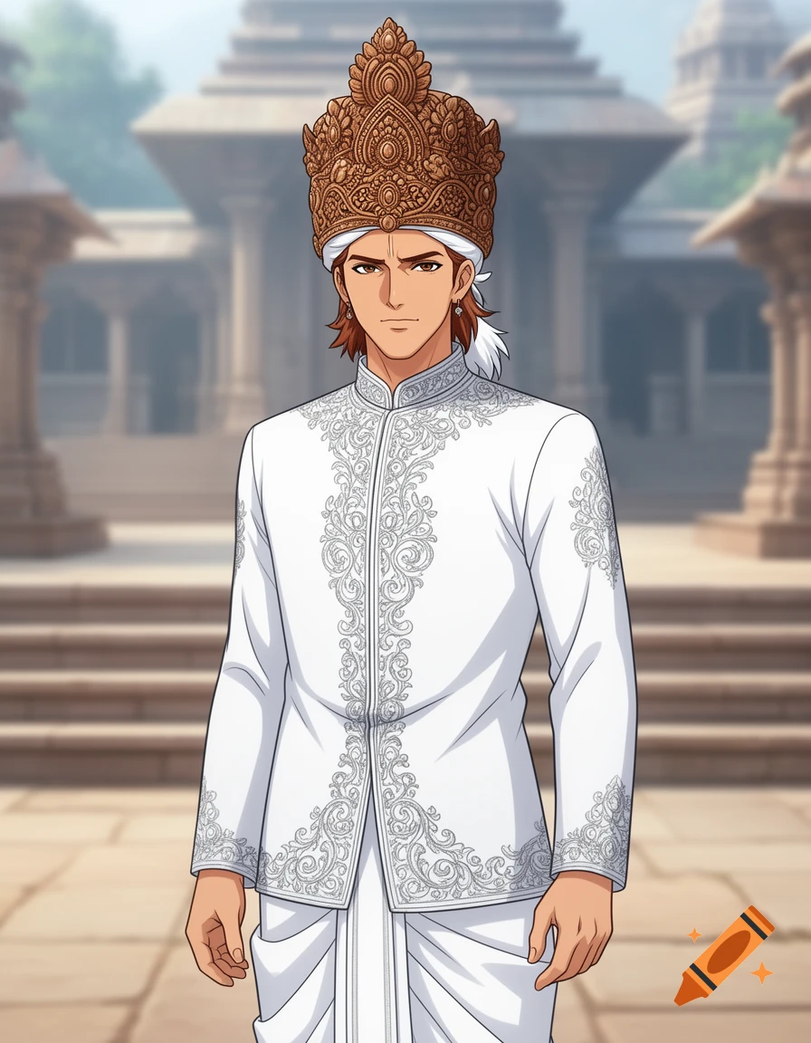 Anime man with light brown skin and hair, wearing an intricate wooden crown and white traditional Hindu attire, standing before a blurred temple.