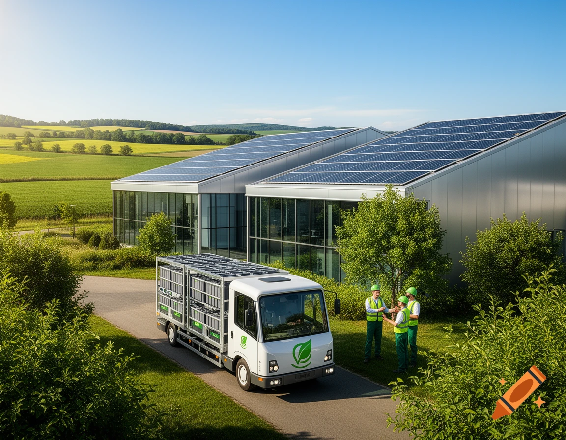 A white truck with green logos and battery containers on a paved path in front of a modern building with solar panels and green fields.