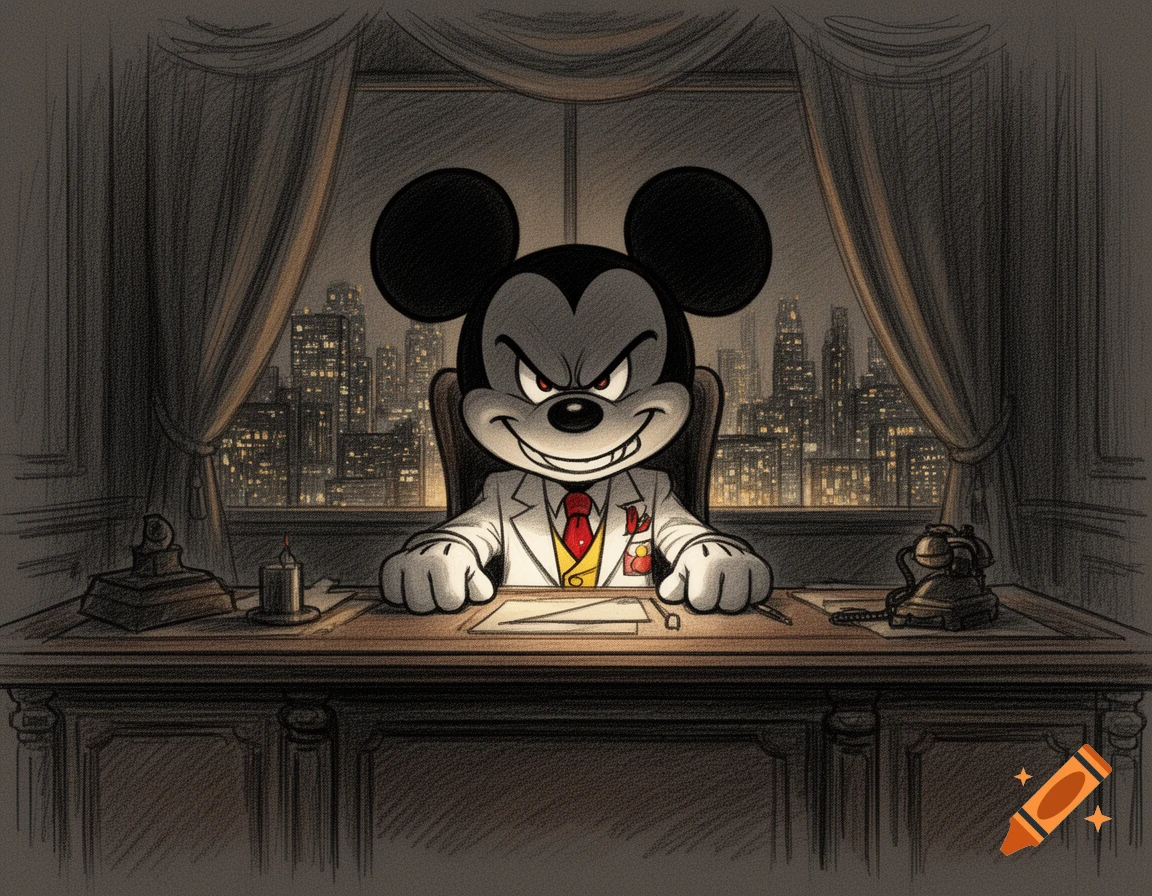 Mickey Mouse with an evil grin, dressed in a white suit and red tie, sitting at a desk in a dark office with a city skyline at night in the background, in a sketch style.