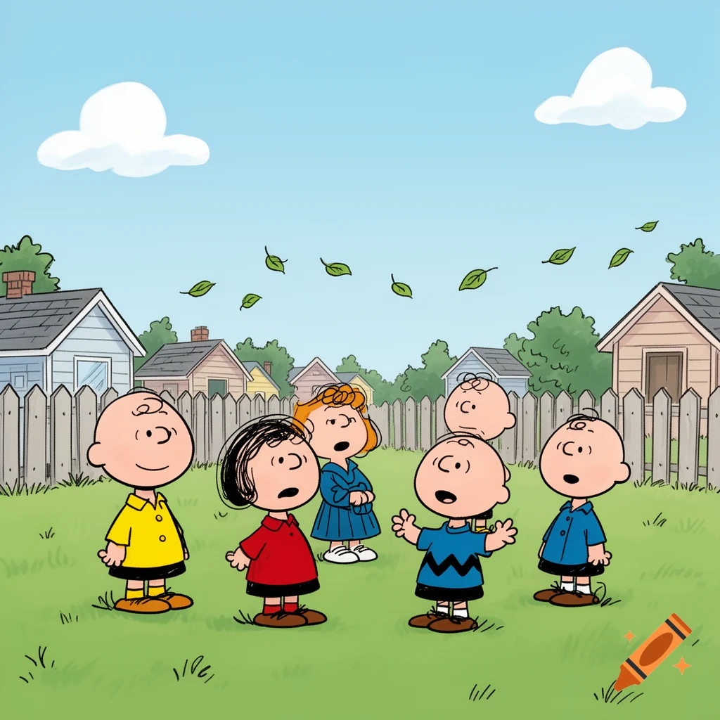 Peanuts cartoon of Charlie Brown and friends in a backyard, looking up at falling leaves.