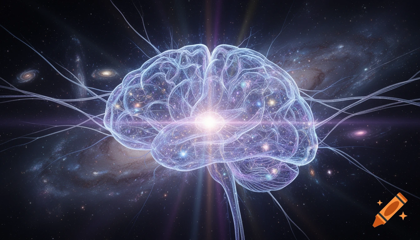 A glowing, translucent brain with neural connections extends into a cosmic background filled with stars and galaxies.