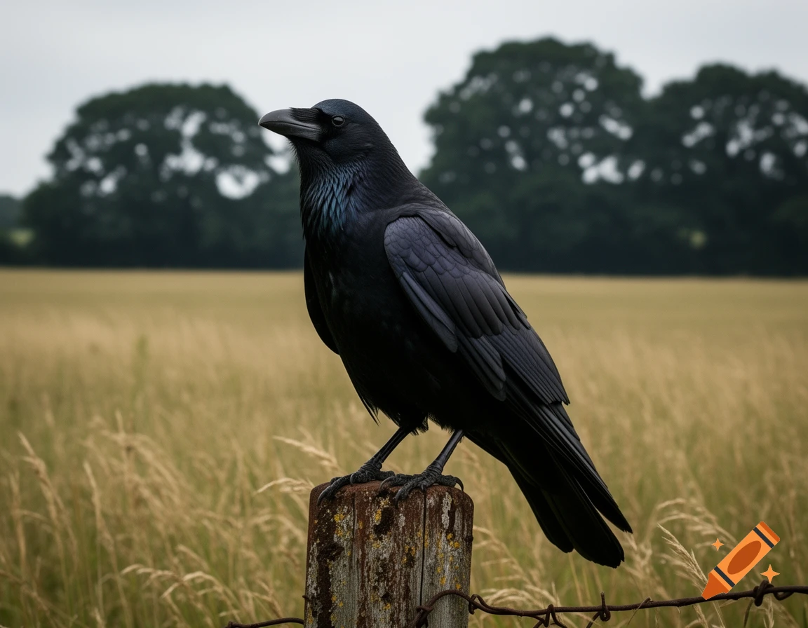 A photorealistic close-up of a black crow perched on a wooden fence post in a grassy field under an overcast sky.