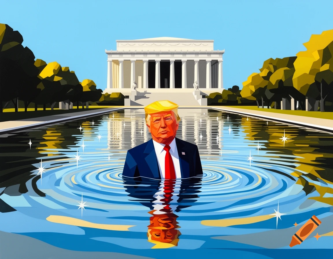 Stylized painting of Donald Trump standing in the Washington reflecting pool in front of the Lincoln Memorial, inspired by David Hockney.
