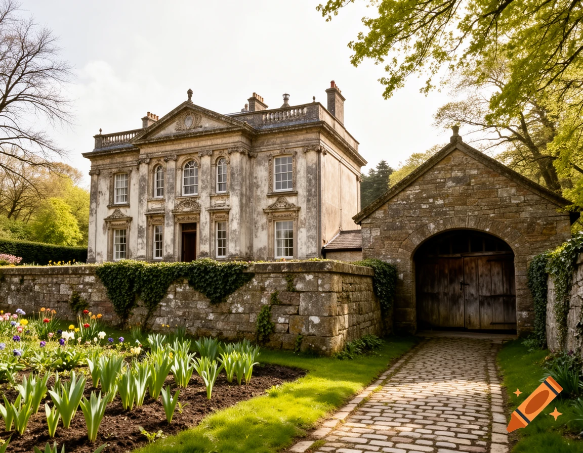 A grand, old neoclassical house with a stone stable and a blooming garden featuring a cobbled path on a sunny day.