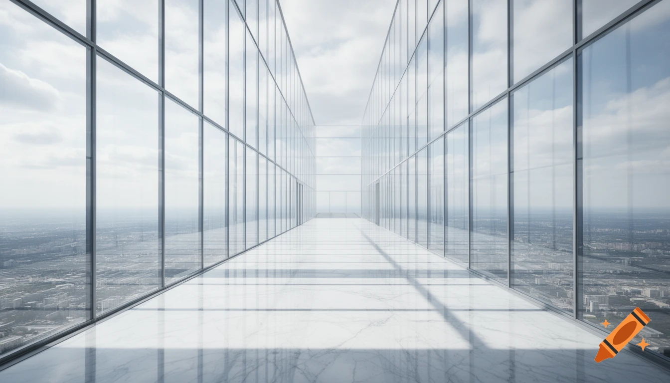 A long, modern hallway with glass walls reflecting the sky and cityscape, and a polished marble floor.