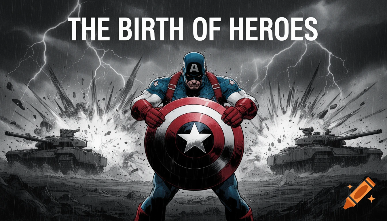 Captain America stands with his shield amidst a stormy battle with tanks and explosions in a dark comic style. Text: 'THE BIRTH OF HEROES'.