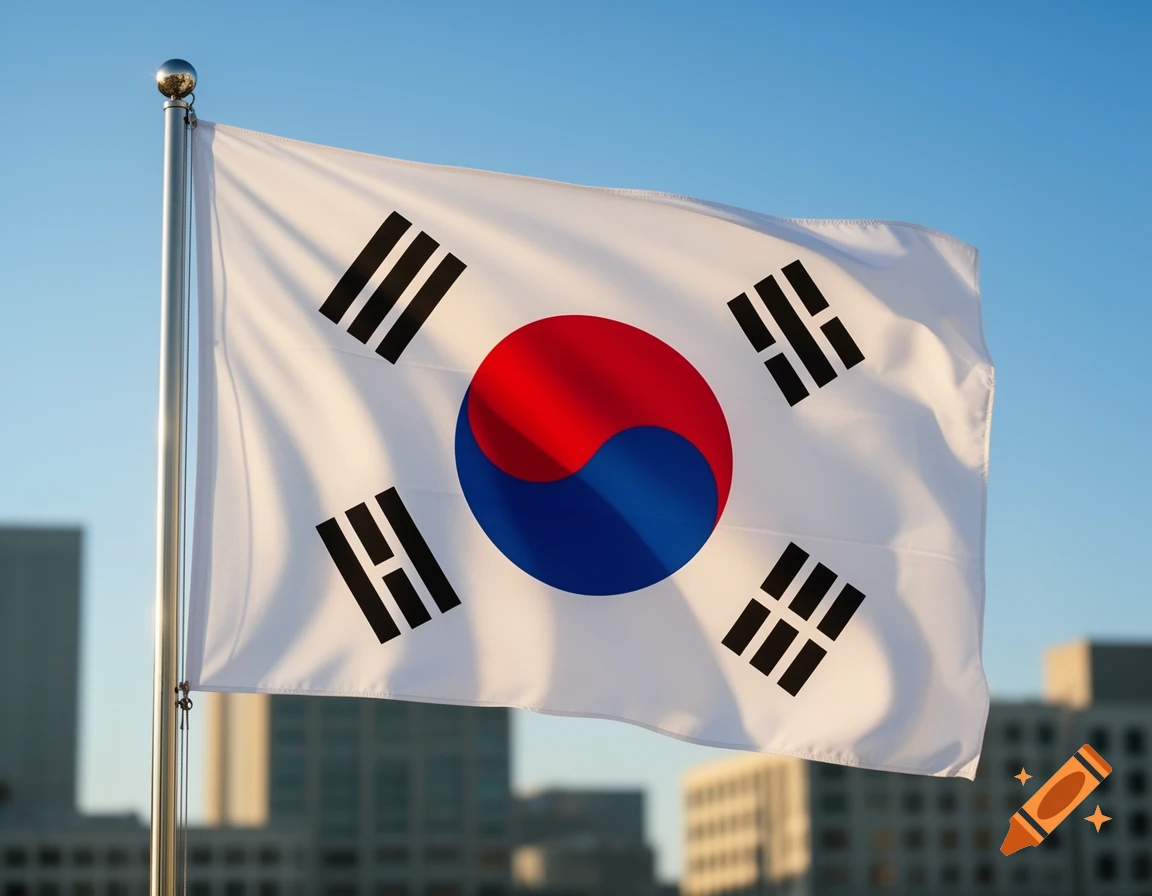 Photorealistic South Korean flag (Taegeukgi) waving against a clear blue sky, with blurred city buildings in the background.