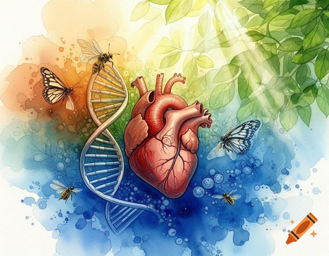 A vibrant watercolor illustration depicting a human heart, DNA helix, green leaves, butterflies, and bees on an abstract background.