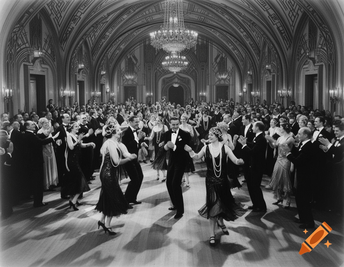 A large crowd of people in 1920s formal attire dance energetically in an ornate ballroom, captured in black and white.