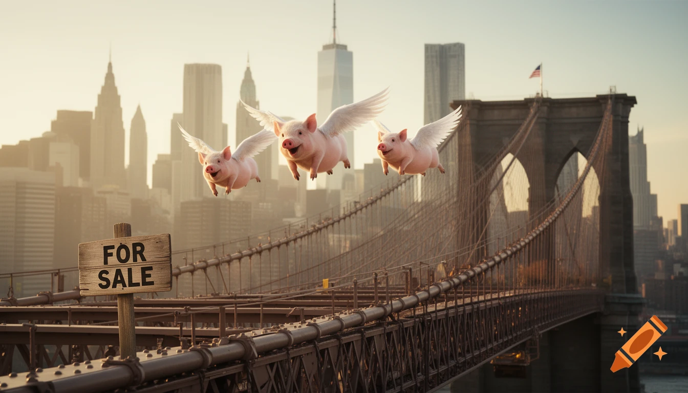 Three cheerful winged pigs fly over the Brooklyn Bridge with a "FOR SALE" sign in the foreground and the NYC skyline, photorealistic.