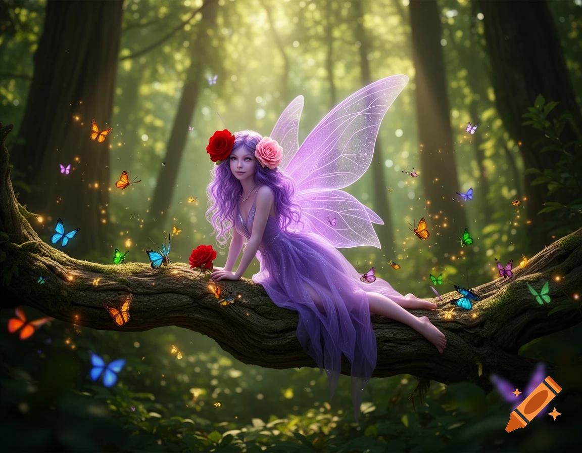 A magical purple-haired fairy with flowers in her hair sits on a mossy tree branch in a sunlit forest, surrounded by colorful butterflies.